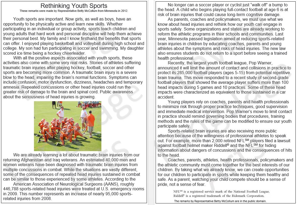Informational text Representative McCollum remarks Rethinking Youth Sports