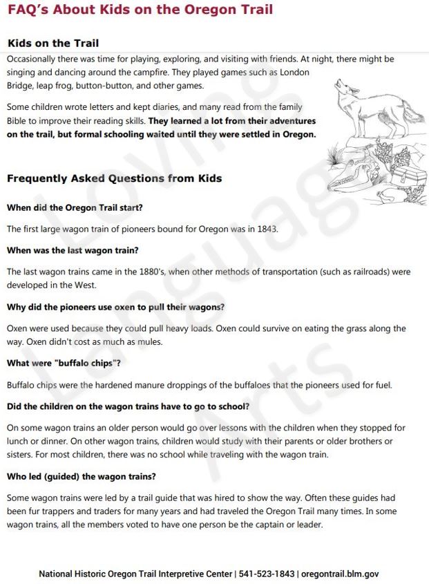 test question passage oregon trail for kids