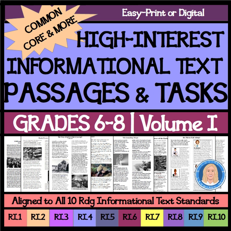 middle school informational text passages and ela tasks volume 1