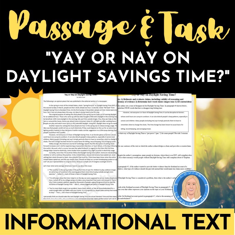 free reading passage and task "yay or nay on daylight saving time?"