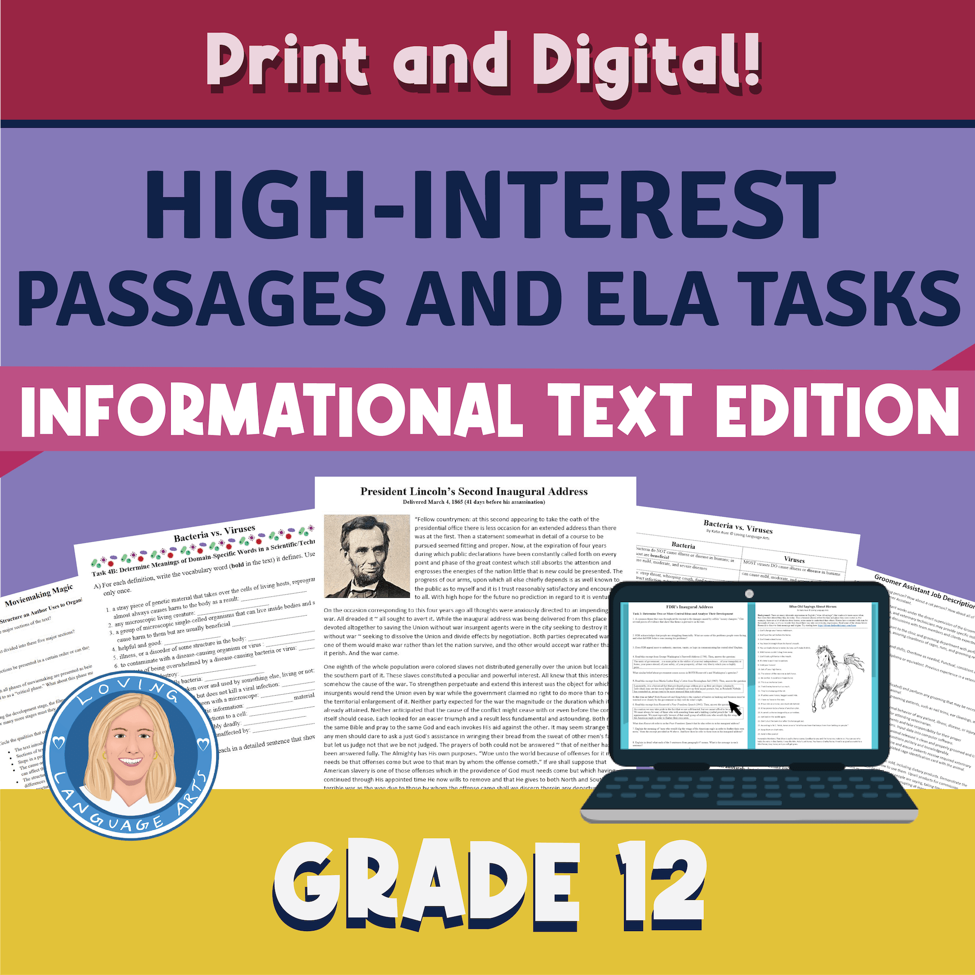 12th grade high interest informational text passages and ela tasks workbook cover
