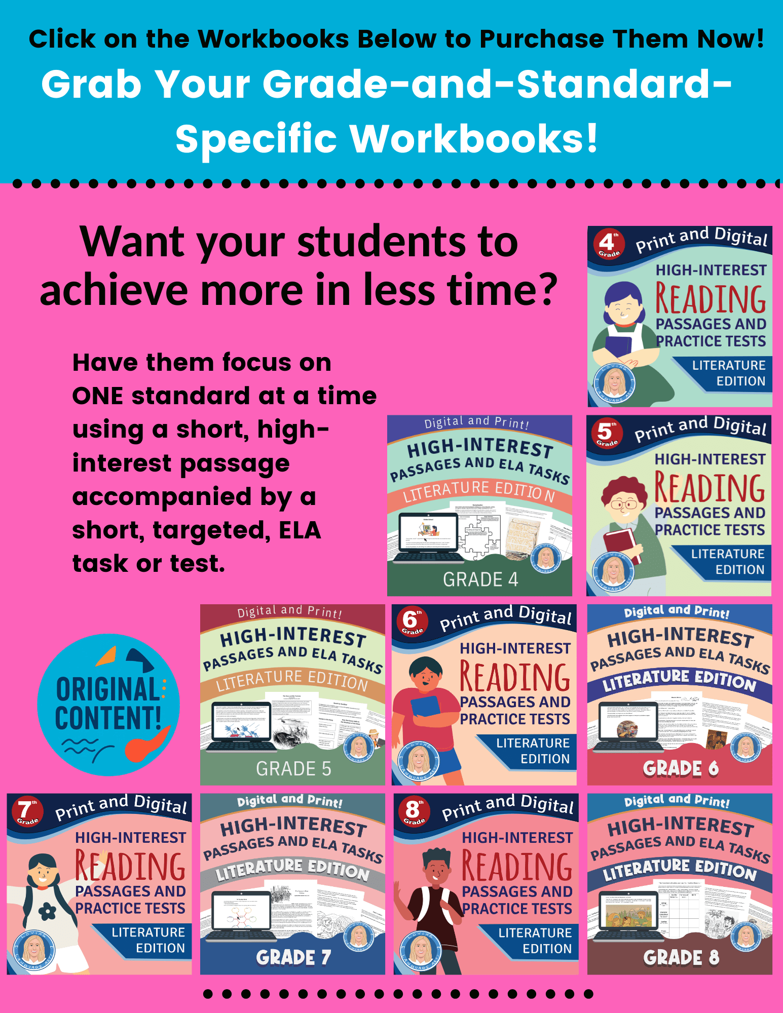 Literature Workbook Page Inserts grades 4-8 banner ad new products for middle school ela
